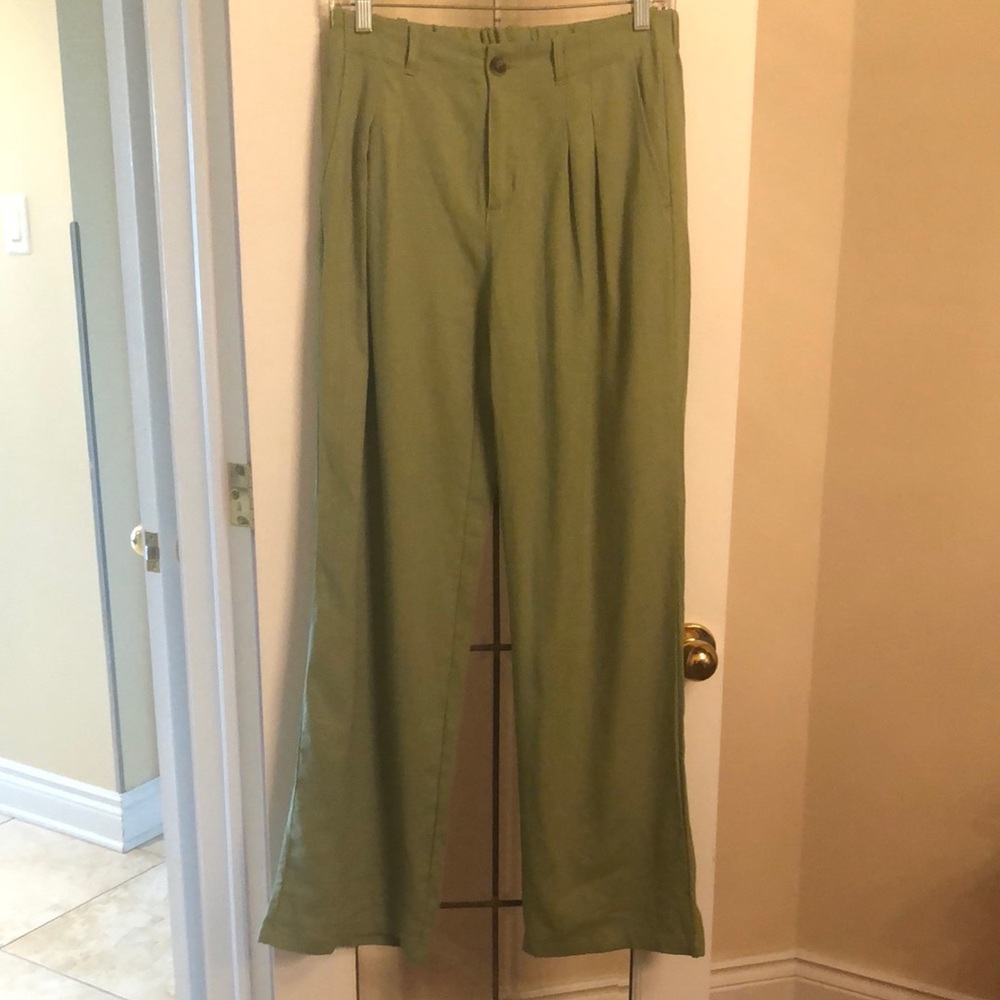 Olive Green Linen-Blend Pleated  Pants